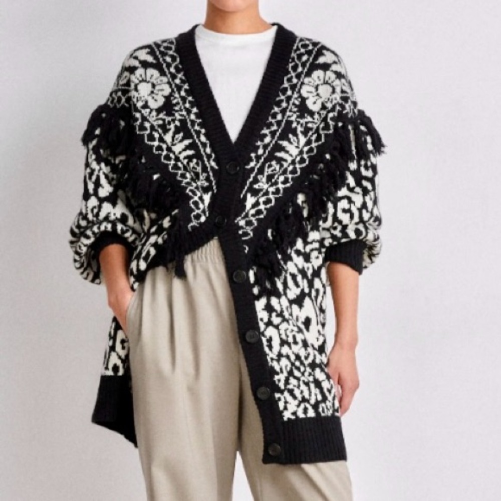 NEW FARM Rio Pineapple Garden Knit Cardigan Bubble Sleeve Fringe Black White M/L